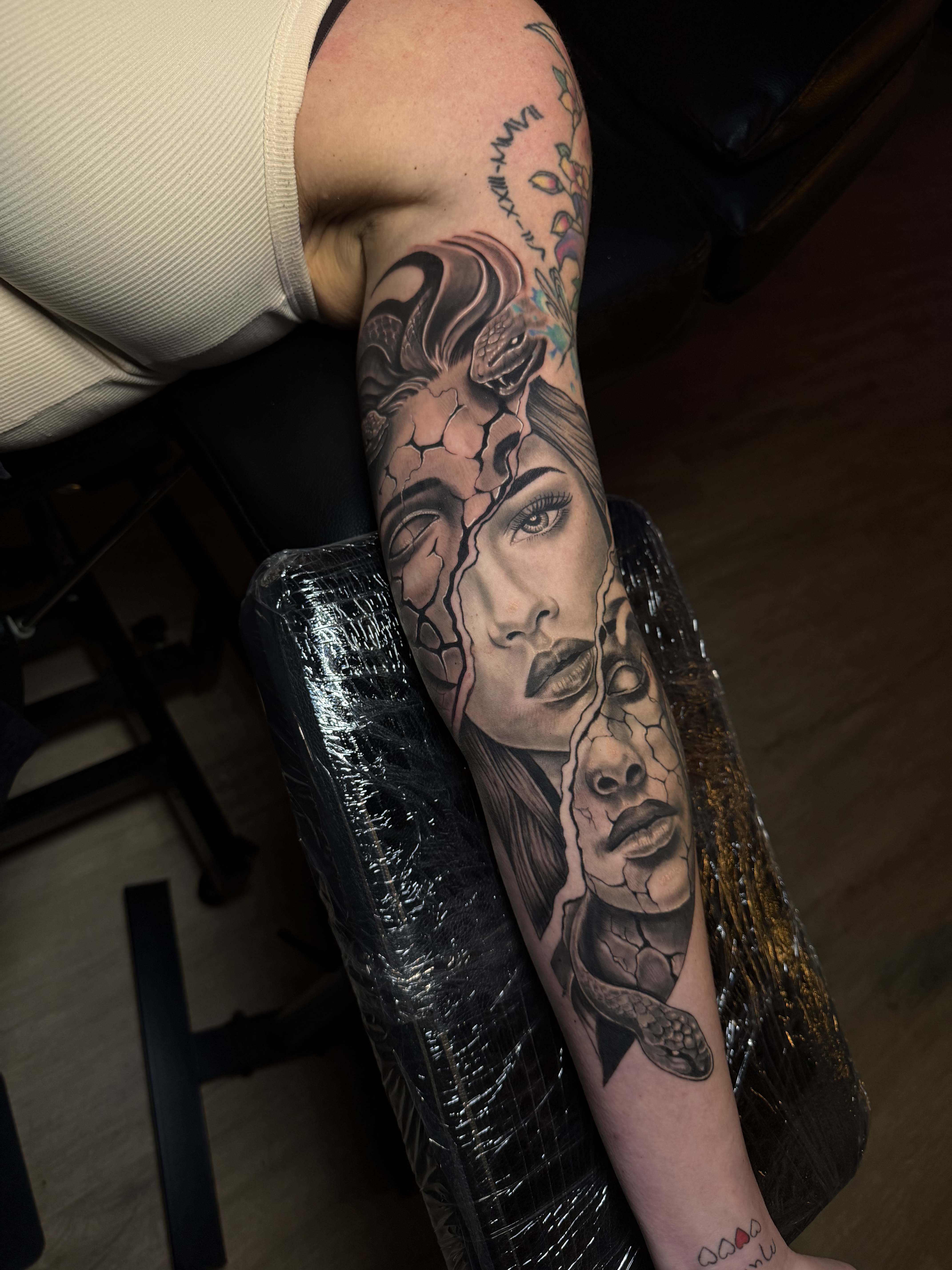 Portrait sleeve with cracked stone effect