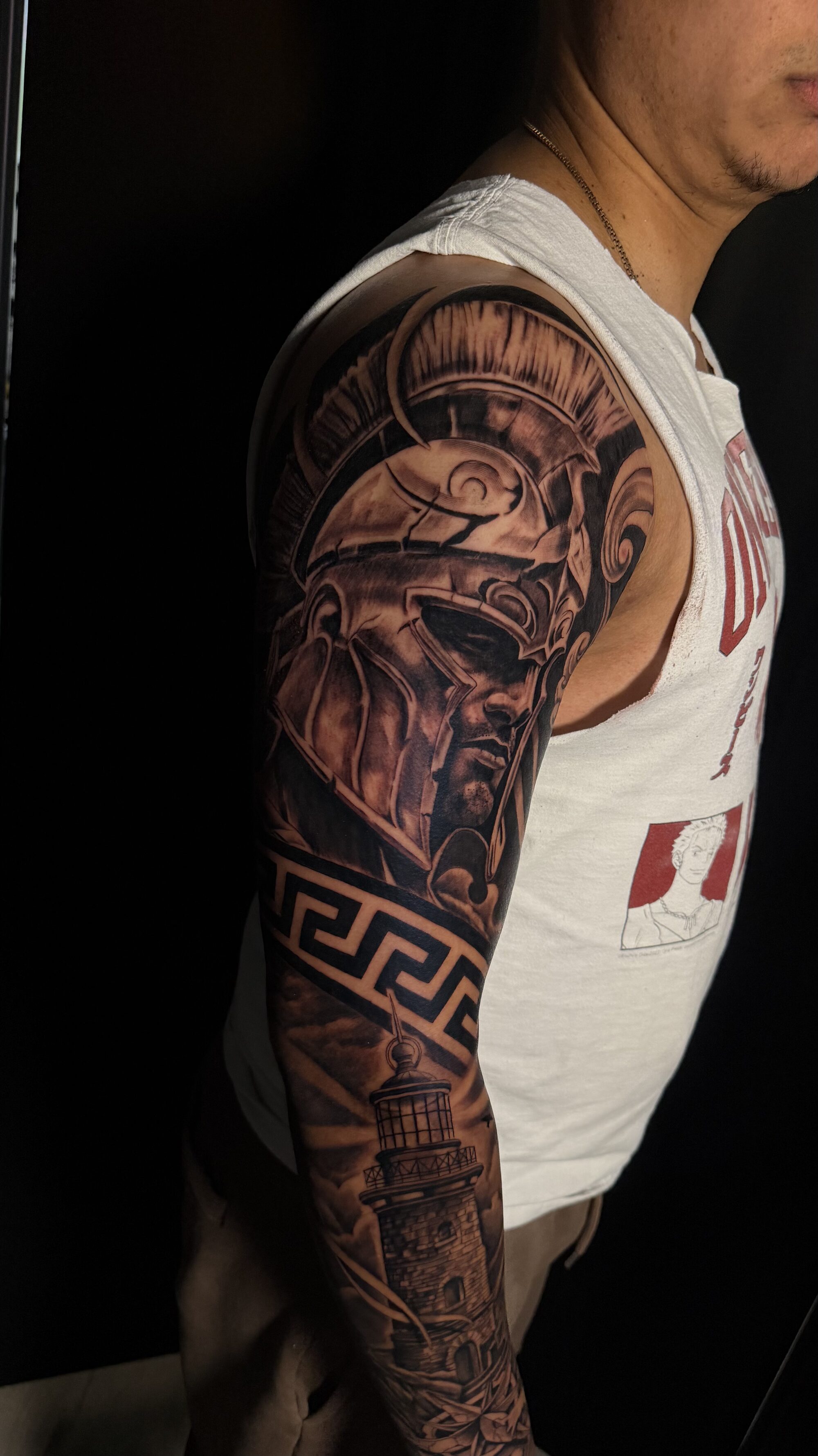 Black and grey realism tattoo, close detail